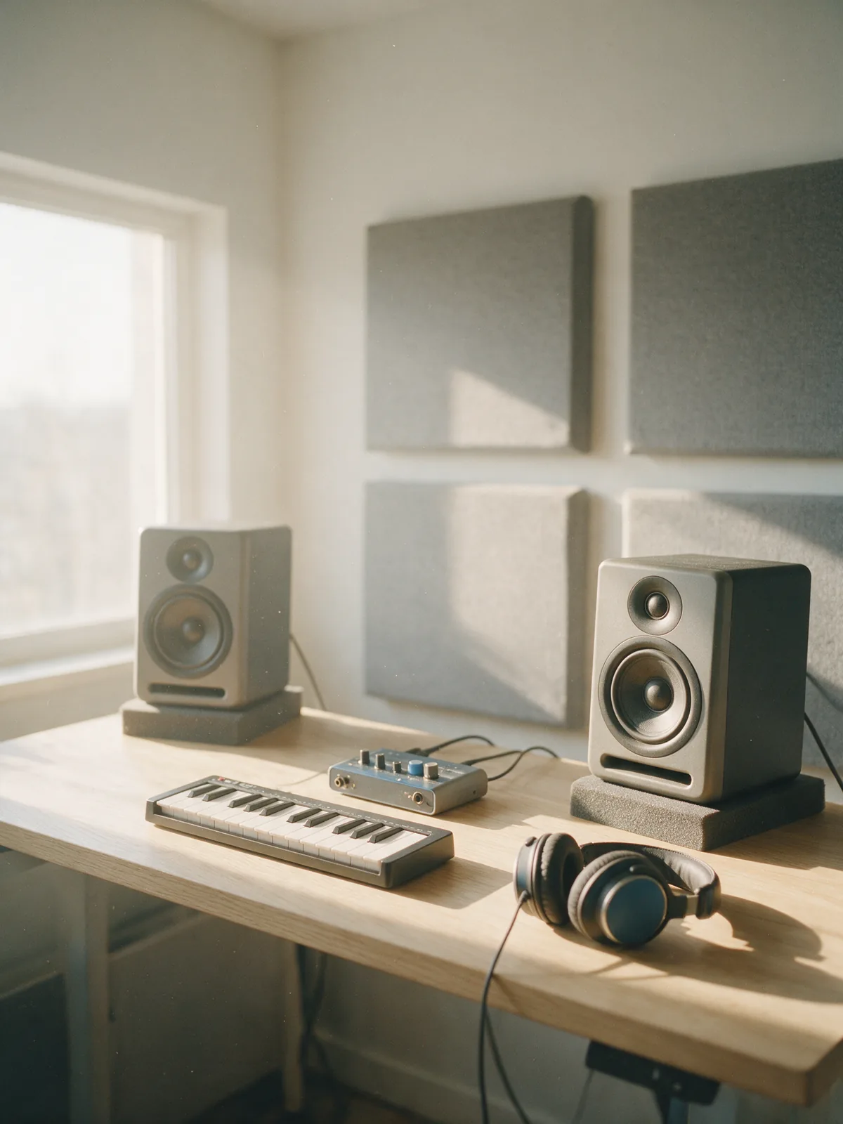 Illustration: a small home music corner in daylight with two studio monitors, an audio interface, a compact keyboard and headphones.