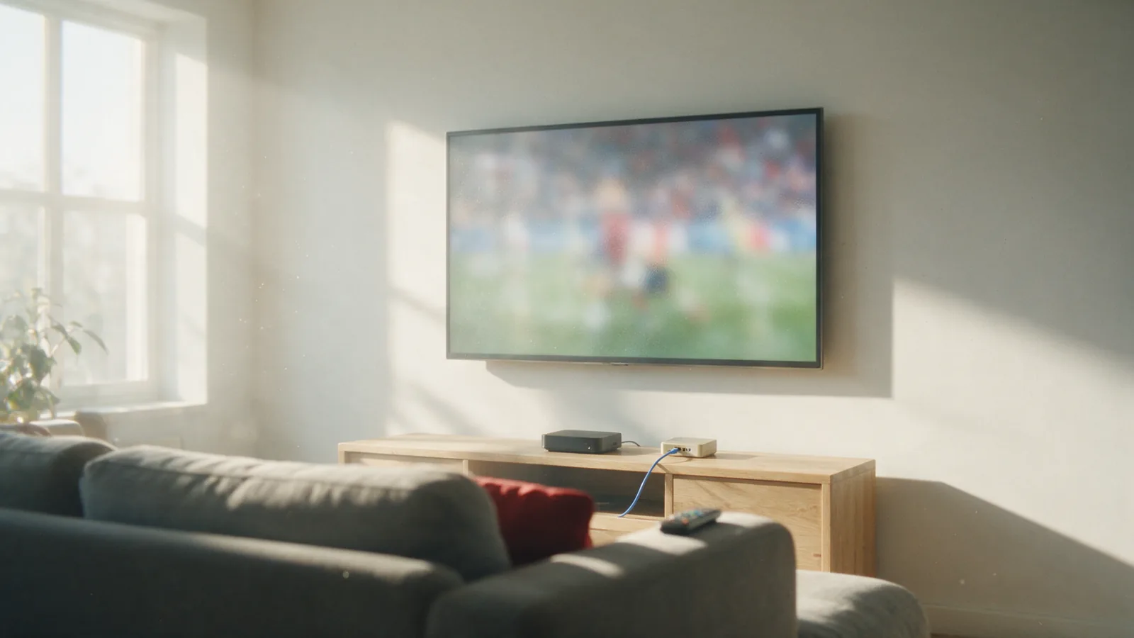 Illustration: a bright living room with a wall-mounted television showing a soft wash of colour, a grey sofa with a red cushion and a remote on the arm.