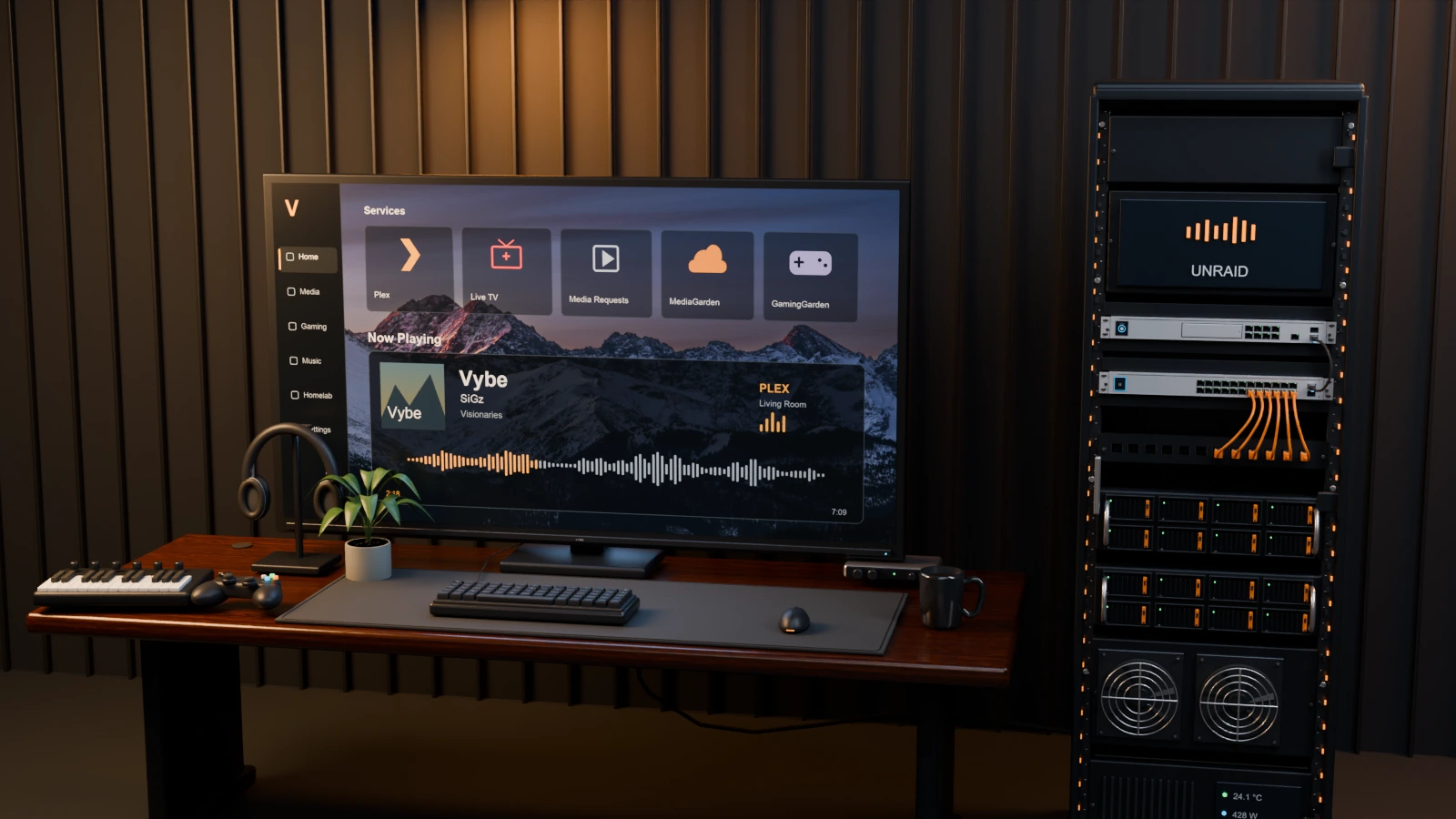 An amber-lit workstation with a dashboard monitor, music and gaming gear, and a server rack